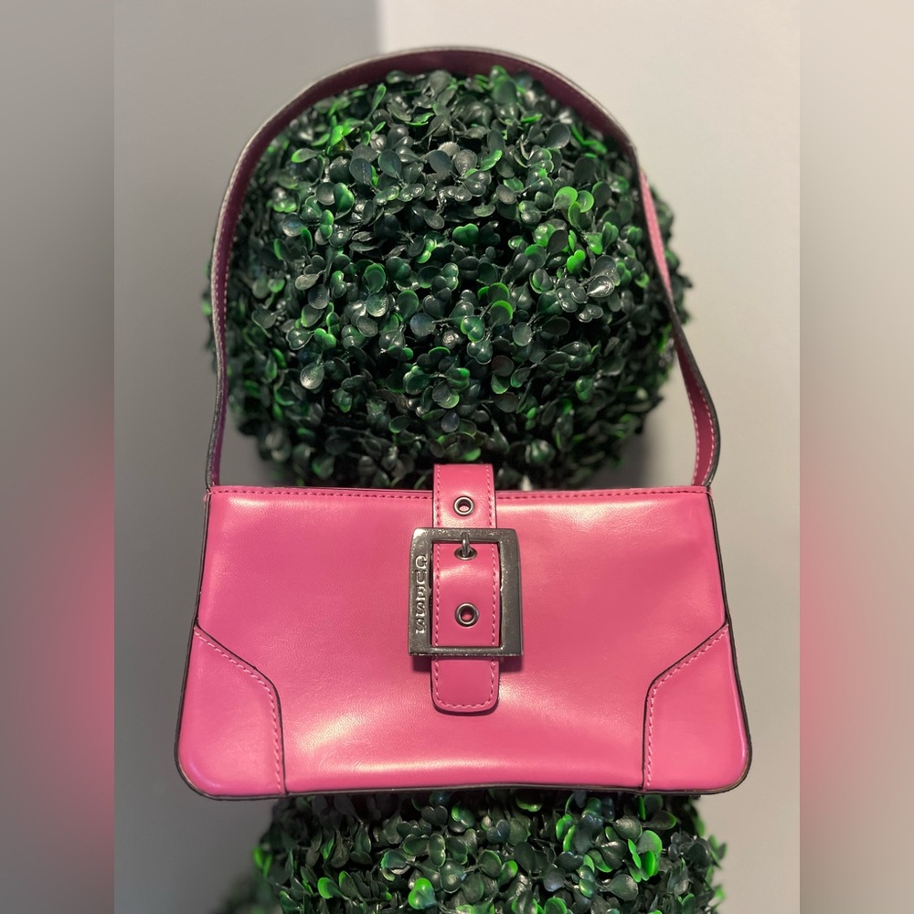 Pink Leather Shoulder Bag with Buckle Accent